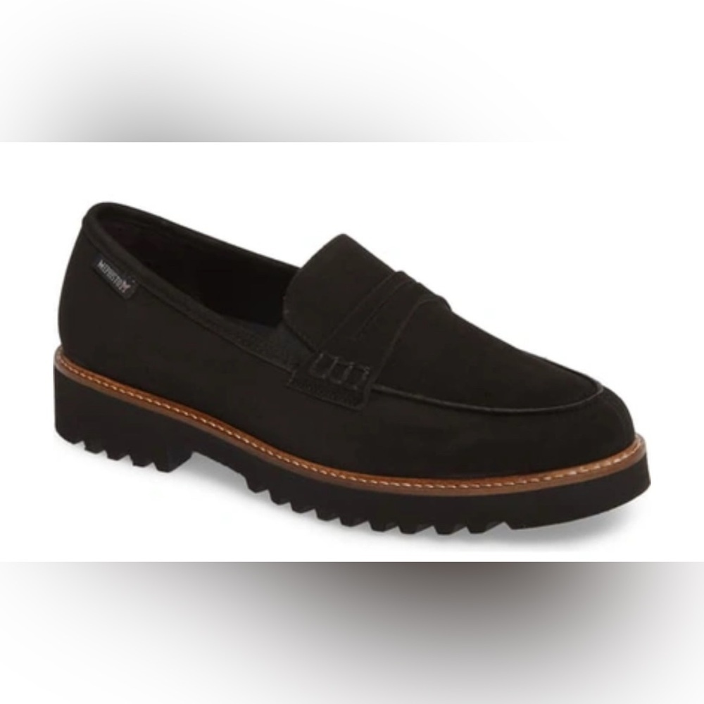 MEPHISTO Sparkle Suede Lug Penny Loafer in Black with Silver Glitter Size 9